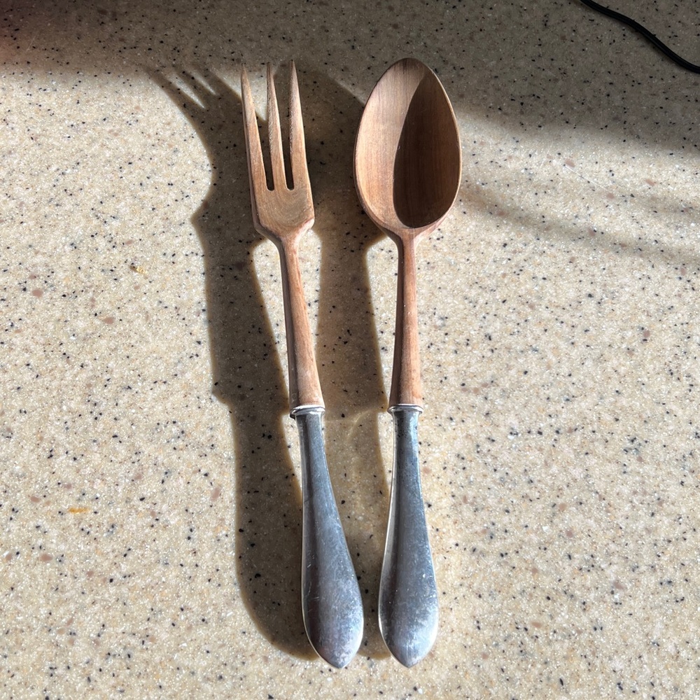 Vintage MCM Sterling Silver Salad Fork Spoon wood serving set